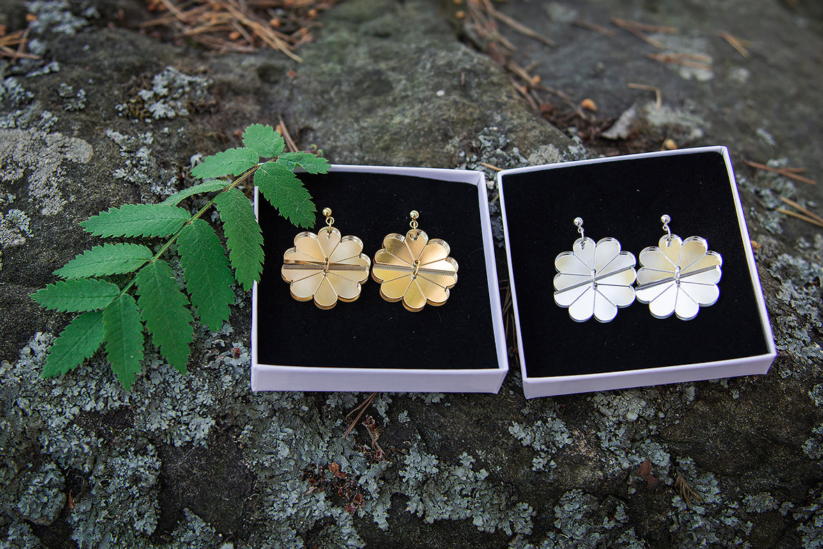 Annikki-korvakorut, vasemmalla kulta ja oikealla hopea. Materiaalina kevyt ja kiiltävä peiliakryyli.eiliakryyli